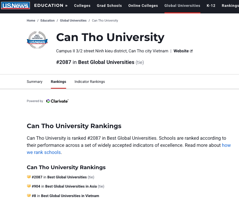 Trường Đại học Cần Thơ tăng bậc trên bảng xếp hạng đại học toàn cầu của U.S. News